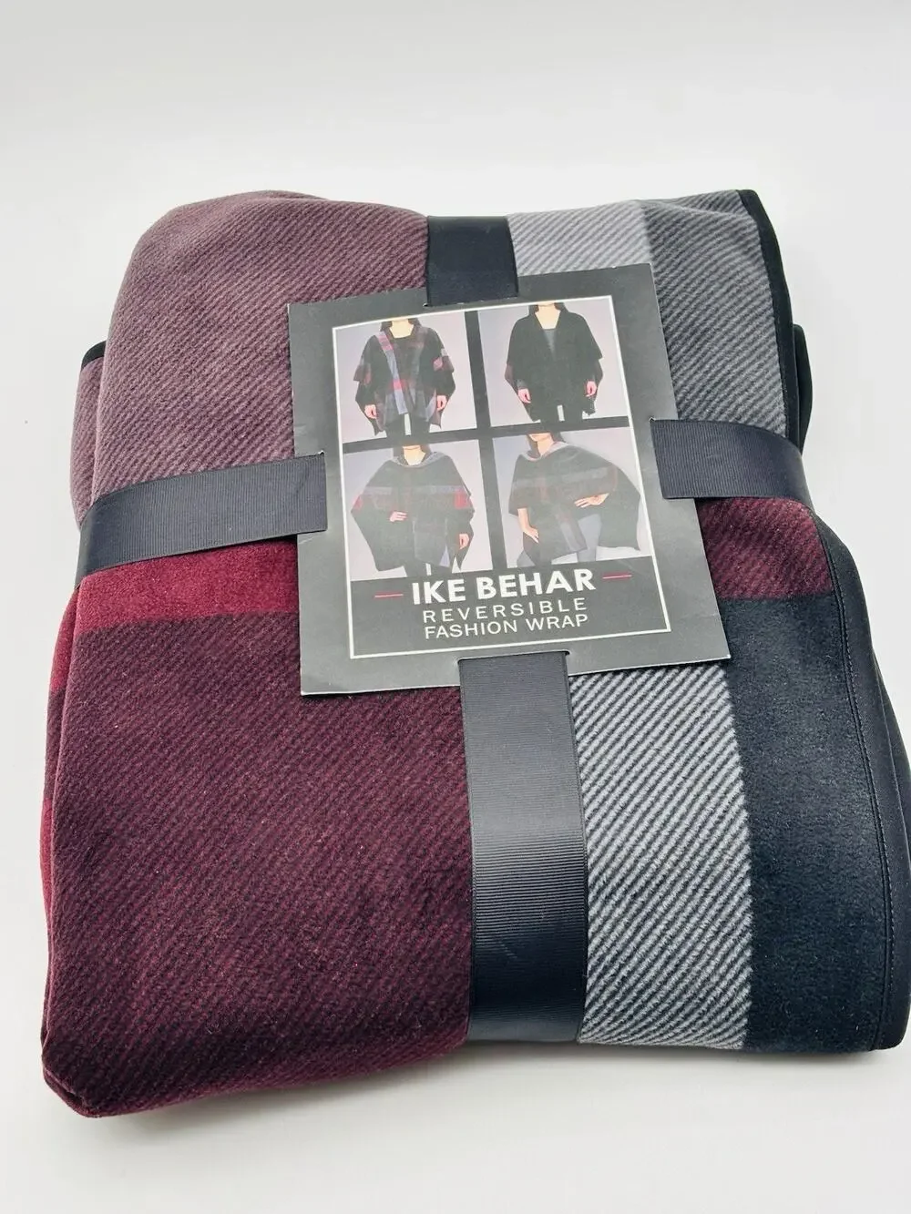 New Ike Behar Ladies Reversible Fashion Wrap One Size Black W/maroon Lines Plush